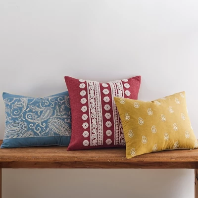 Khotan Red Embroidered Blue Pillow - Levtex Home 3 Khotan Red Embroidered Blue Pillow - Levtex Home